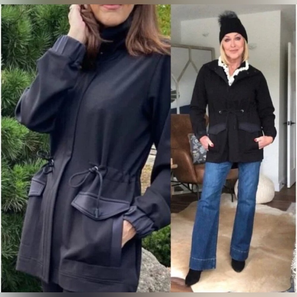 CABI Tuxedo Parka Ponte Knit Longline Anorak Jacket in Black Size XS